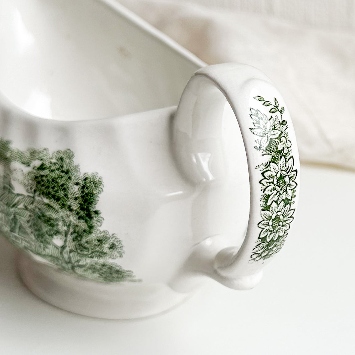 Green Transferware Gravy Boat