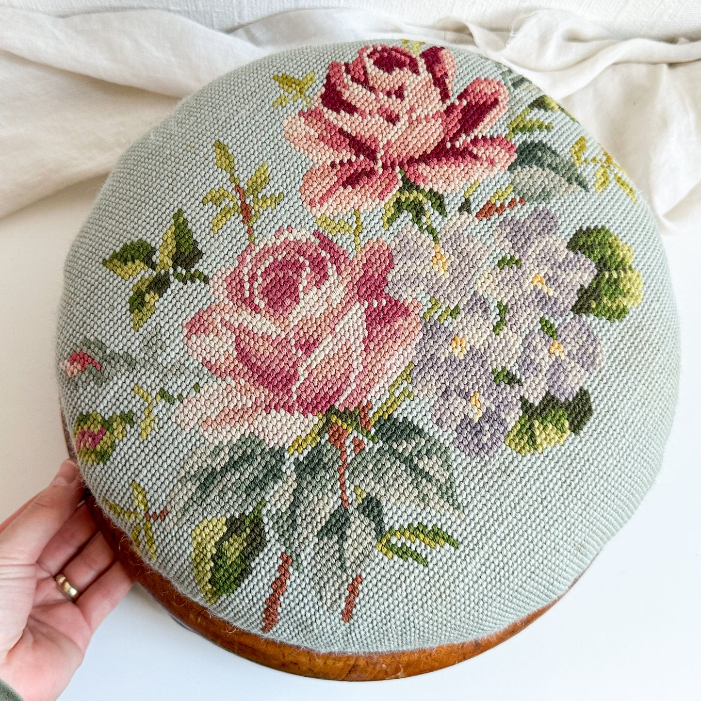 Victorian Upholstered Footstool with Roses