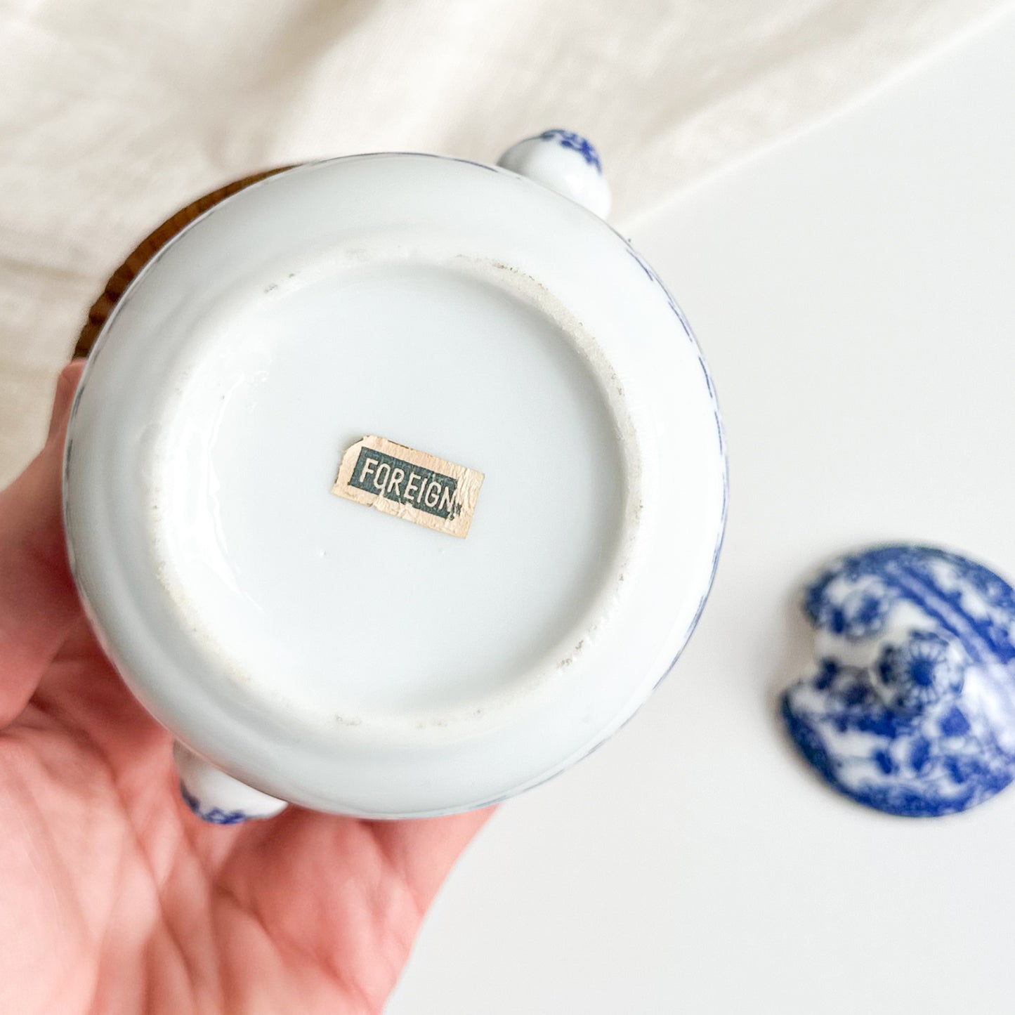 Blue and White Sugar Pot with Handle