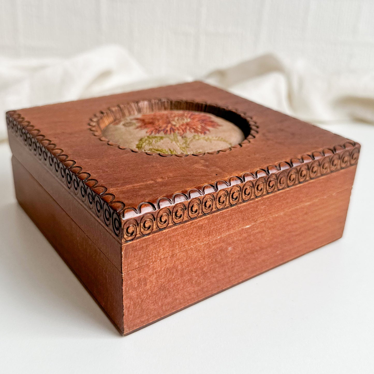 Wooden Box with Embroidered Fabric