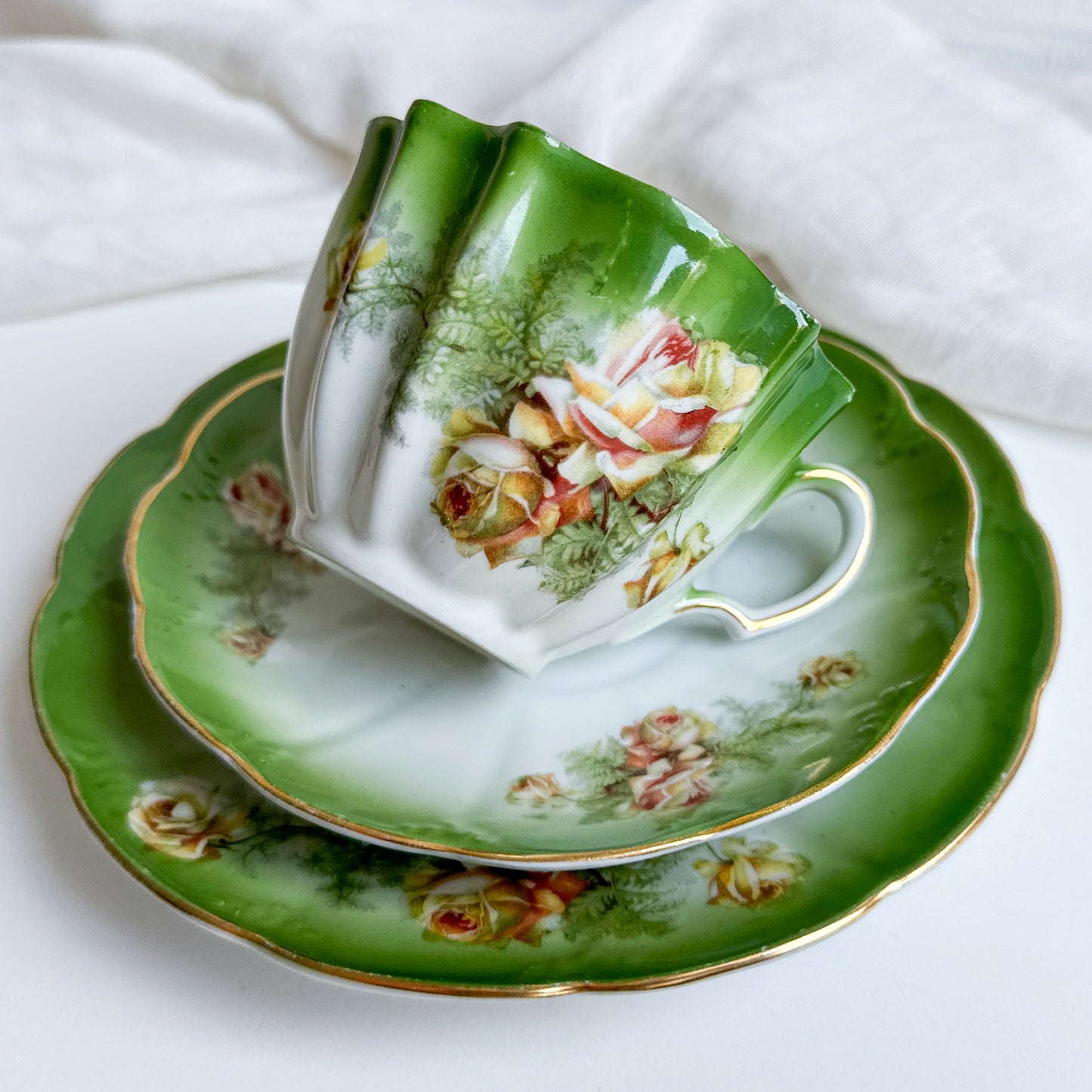 Antique Tea Trio with Rose Pattern