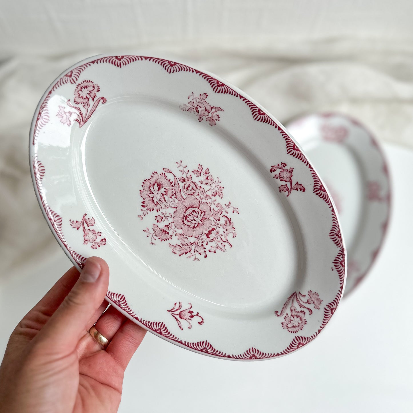 Set of 3 Pink Transferware Oval Plates