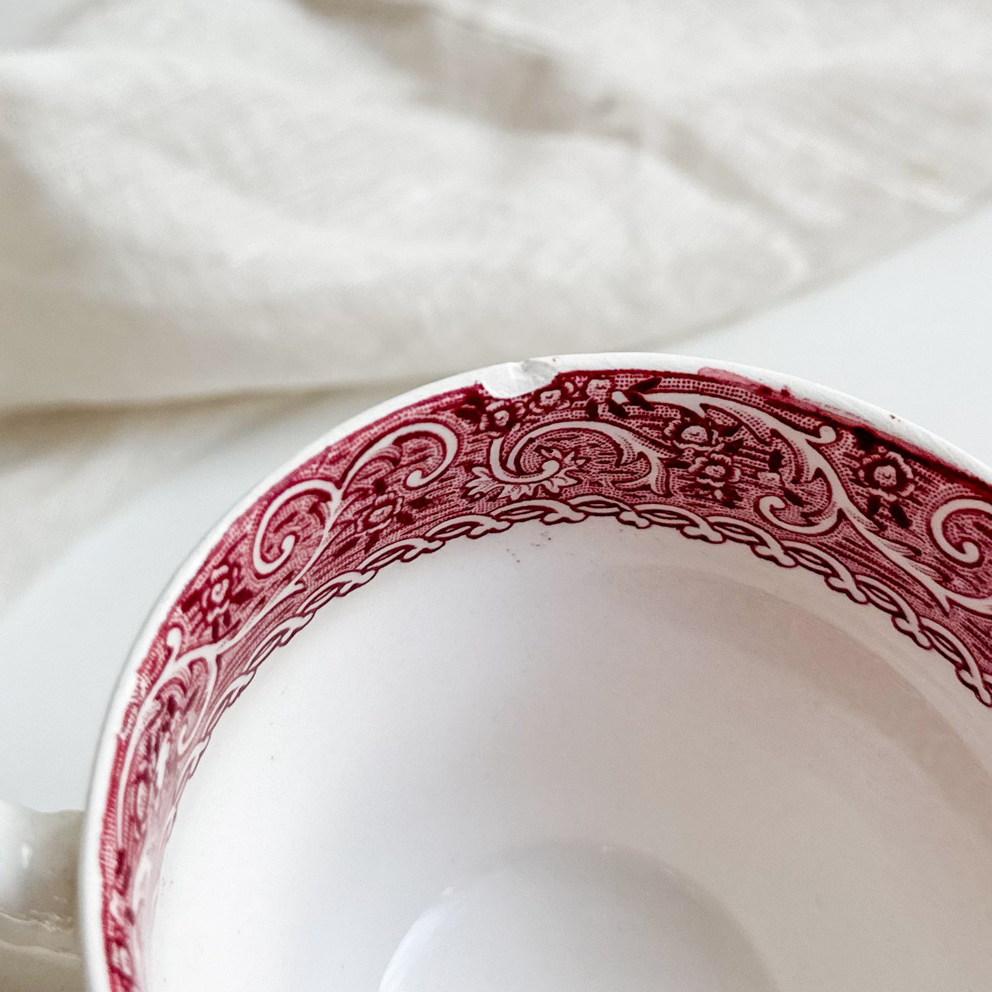 Pair of Red Transferware Tea Cups and Saucers