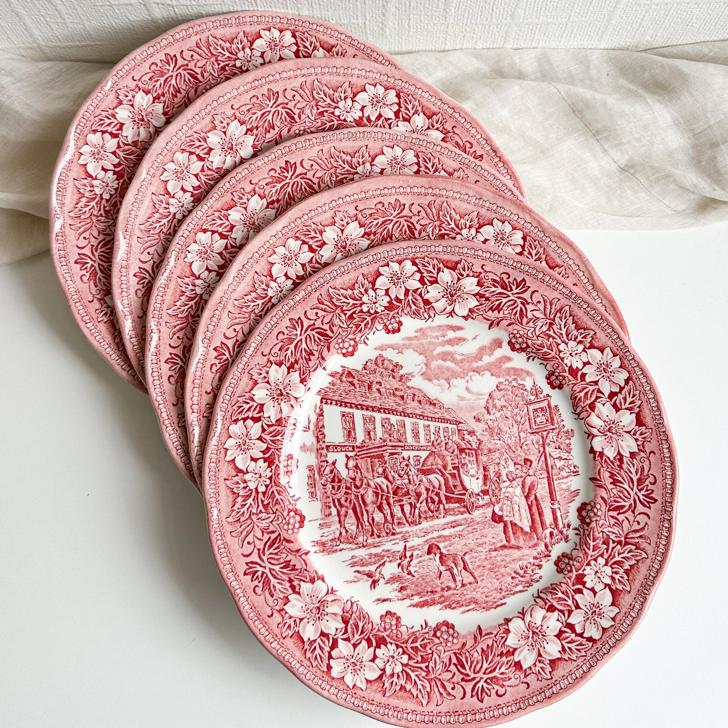 5 Red Transferware Dinner Plates