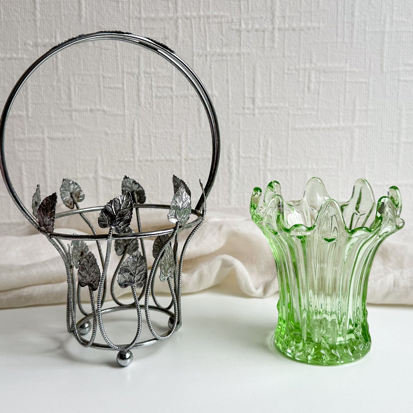 Art Deco Glass Vase in Metal Leaf Basket