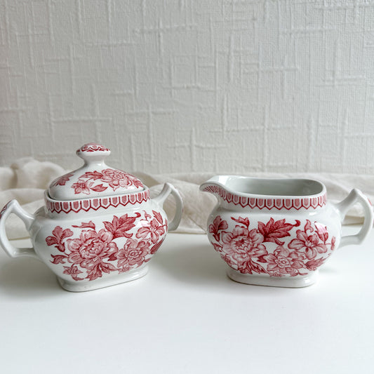 Red Transferware Sugar Bowl and Creamer by Wood & Sons