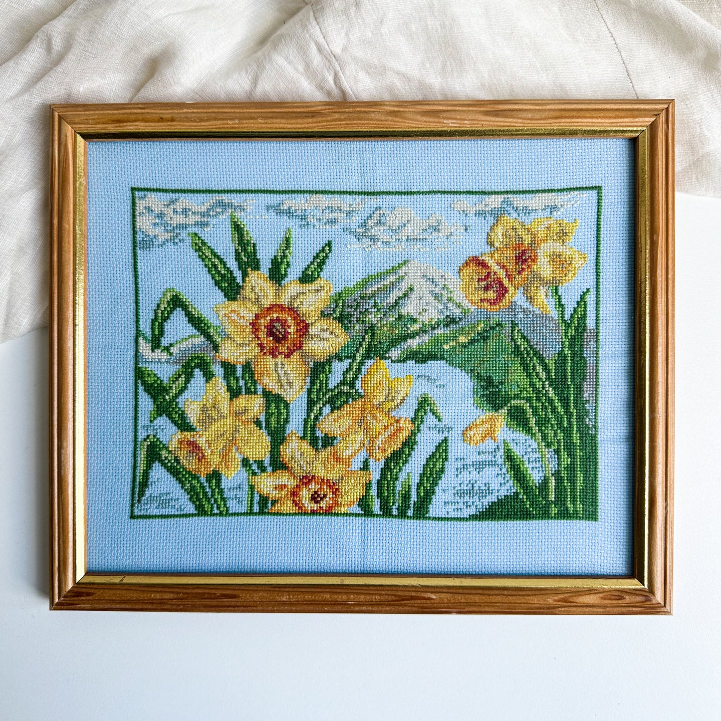 Framed Cross Stitch Picture with Daffodils