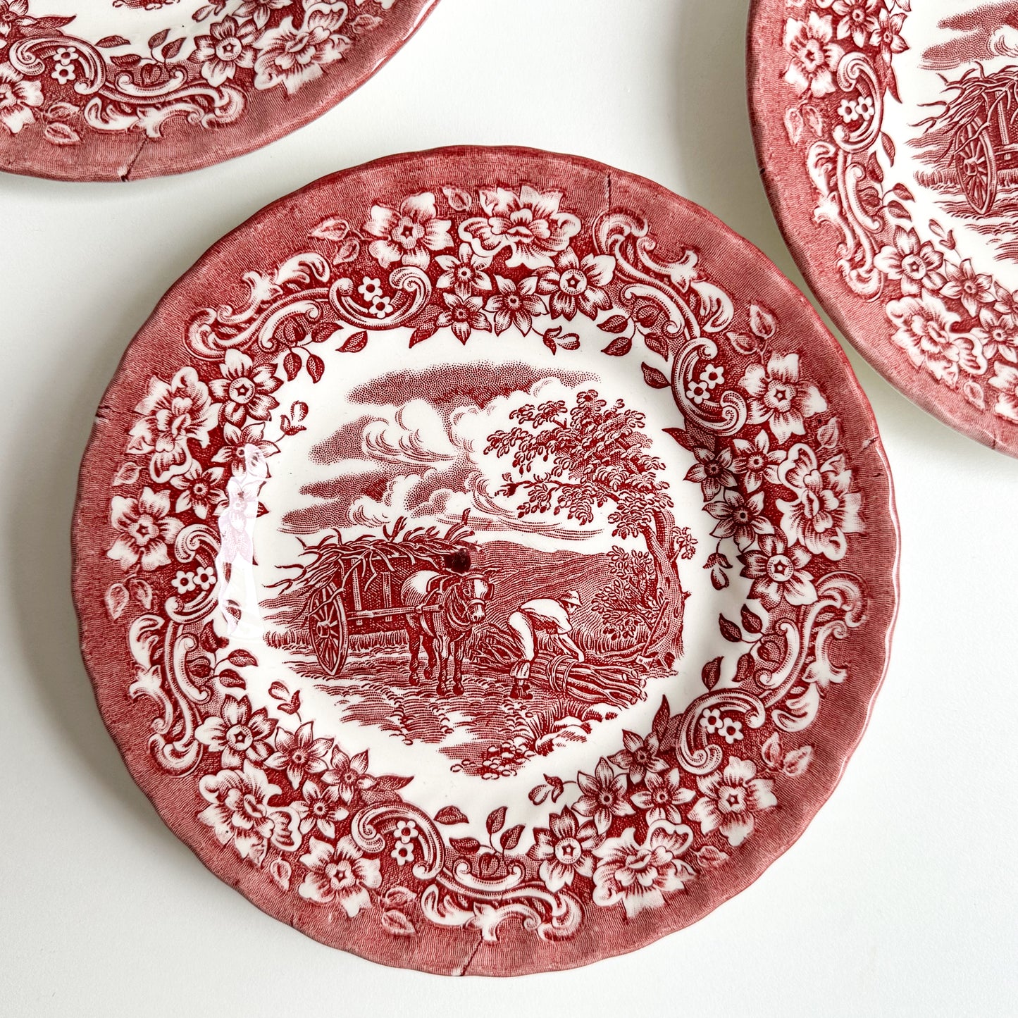 3 Vintage Red Transferware Dessert Plates