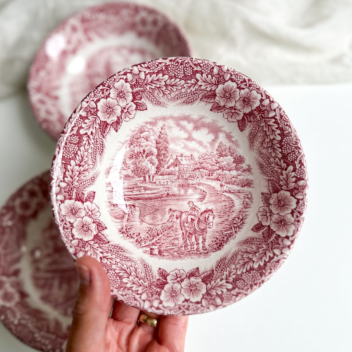 Set of 3 Vintage Red Transferware Small Bowls