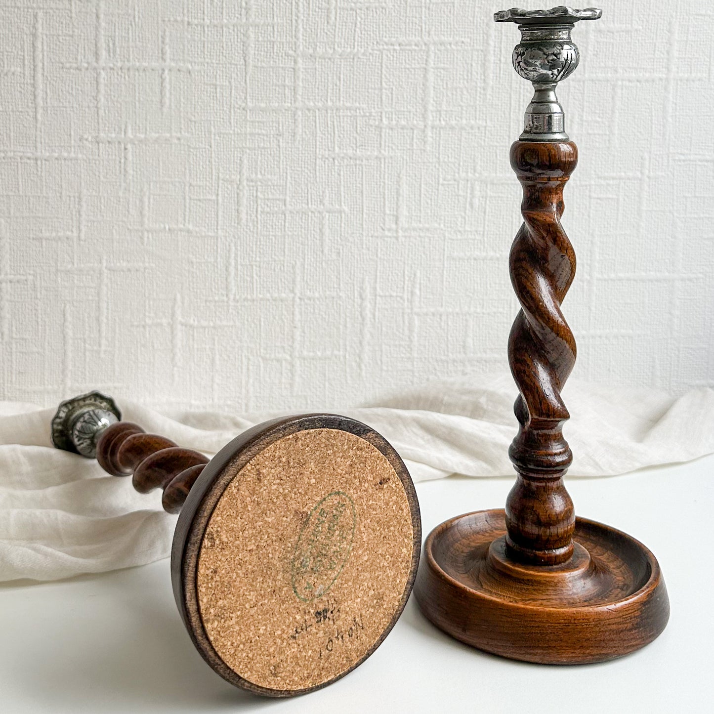 Pair of Oak Barley Twist Candlesticks