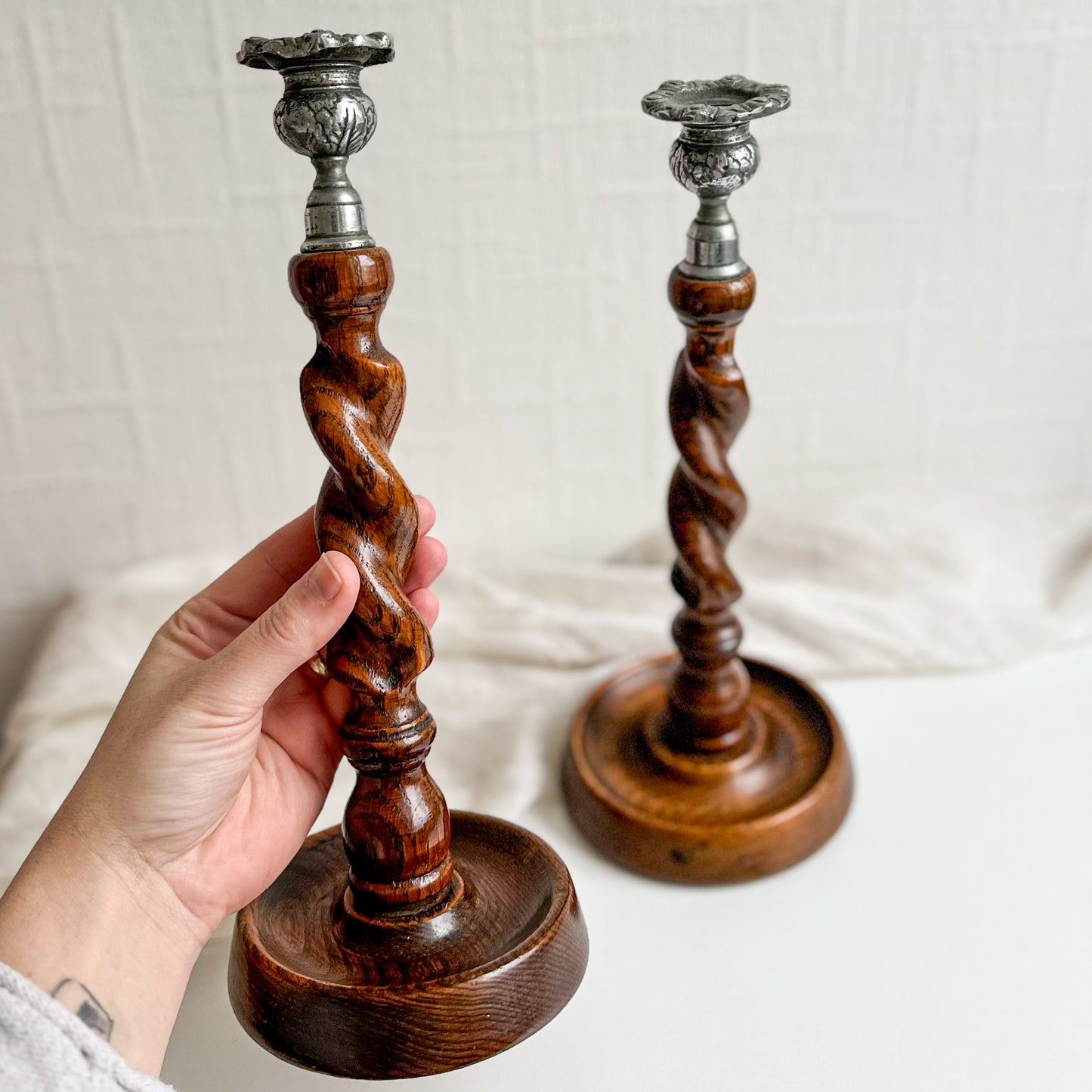 Pair of Oak Barley Twist Candlesticks