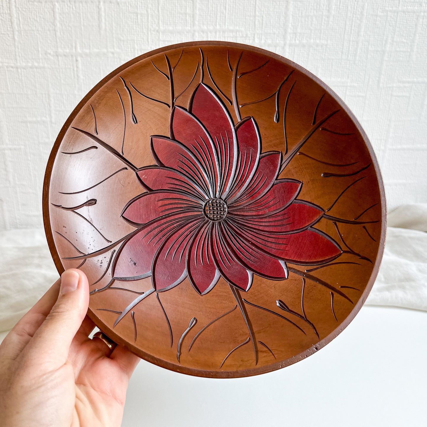 Pedestal Wooden Bowl with Floral Design