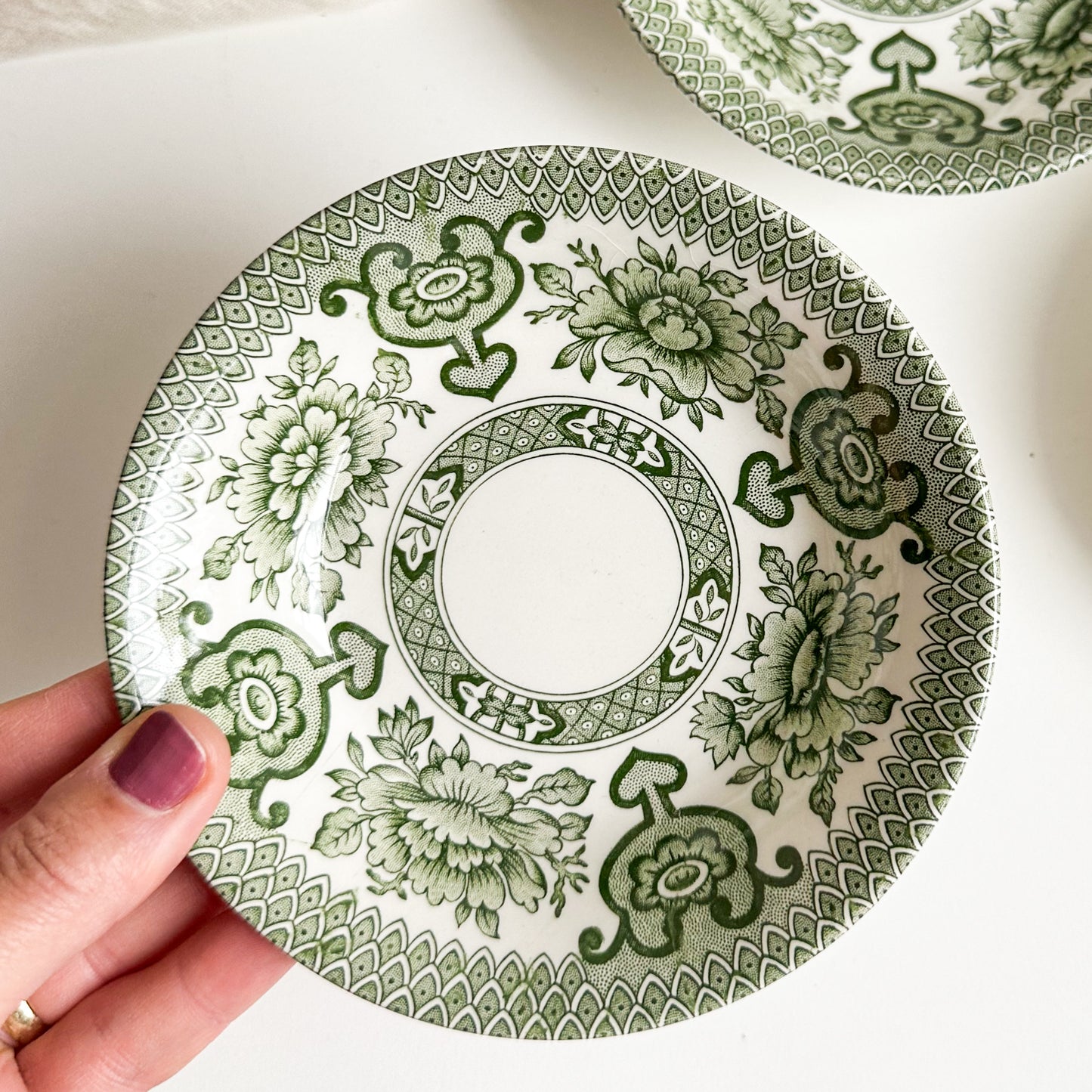 3 Green Transferware Bowls