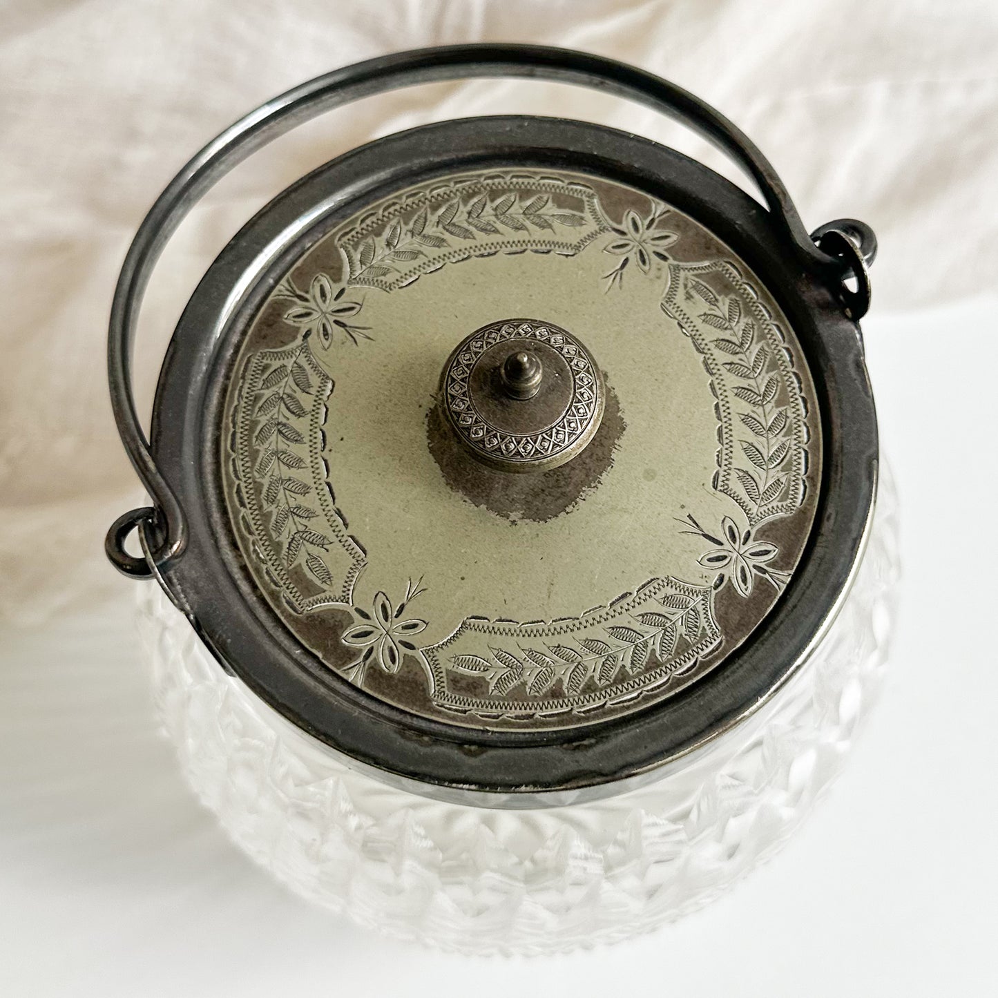 Cut Glass Biscuit Barrel with Silver Plated Top