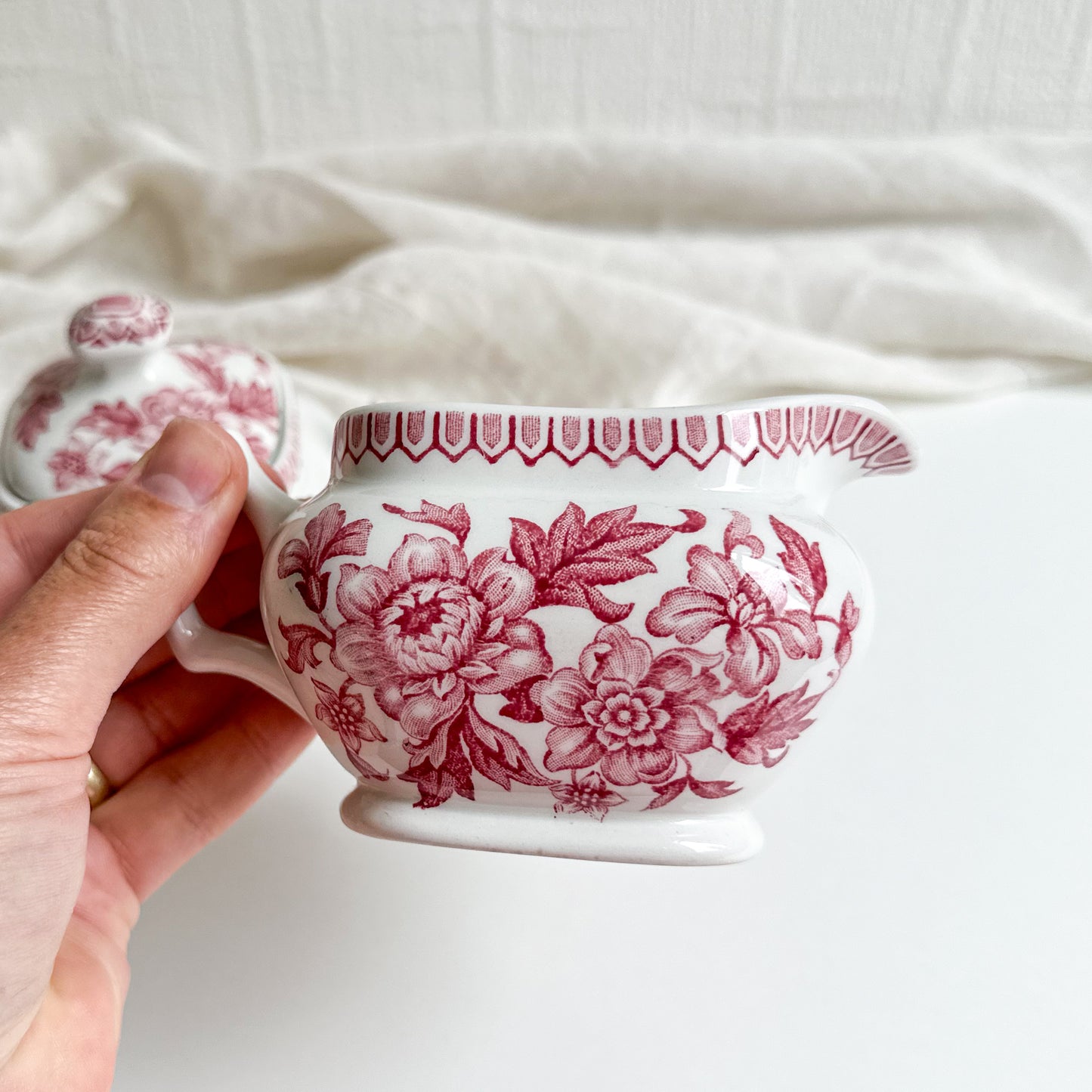 Red Transferware Sugar Bowl and Creamer by Wood & Sons