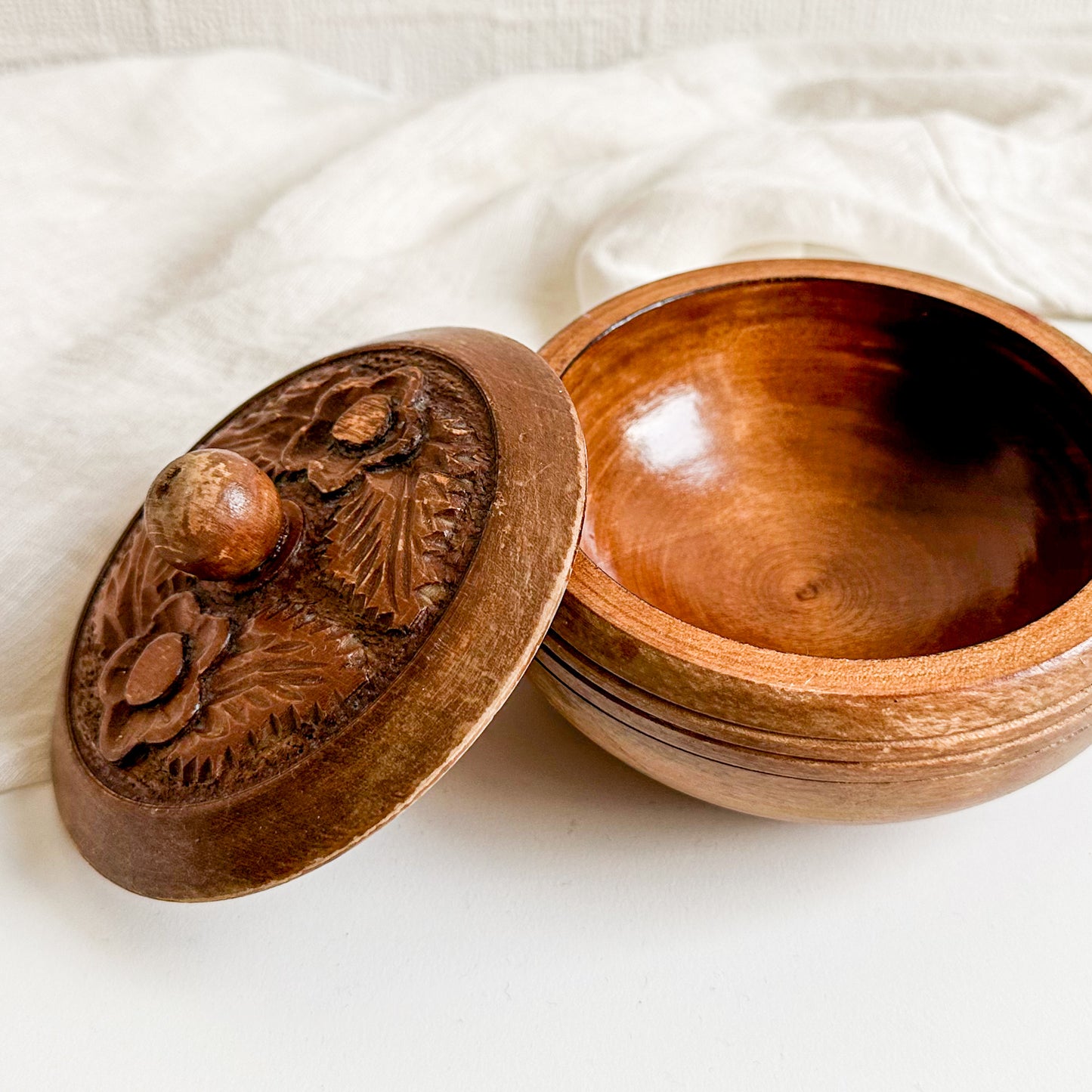 Round Wooden Box with Floral Design