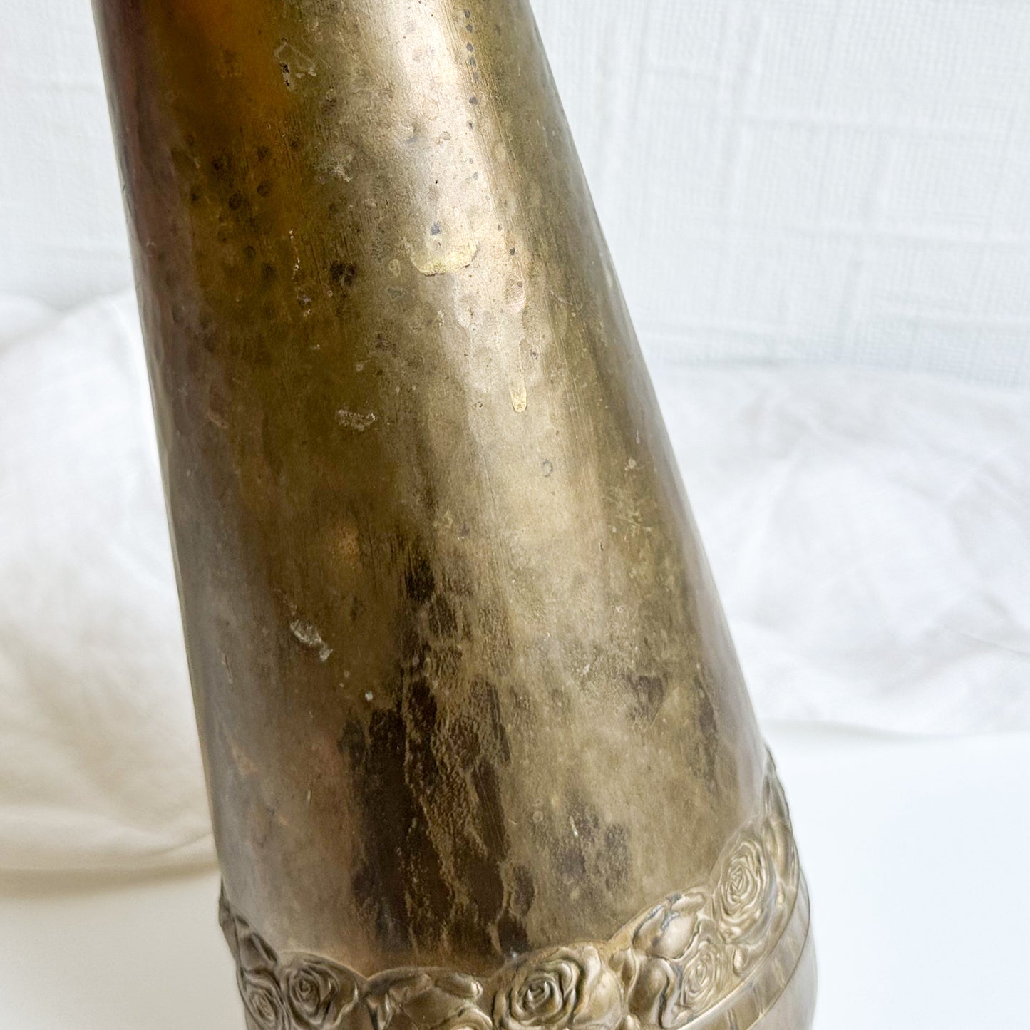 Antique Hammered Brass Vase with Floral Design