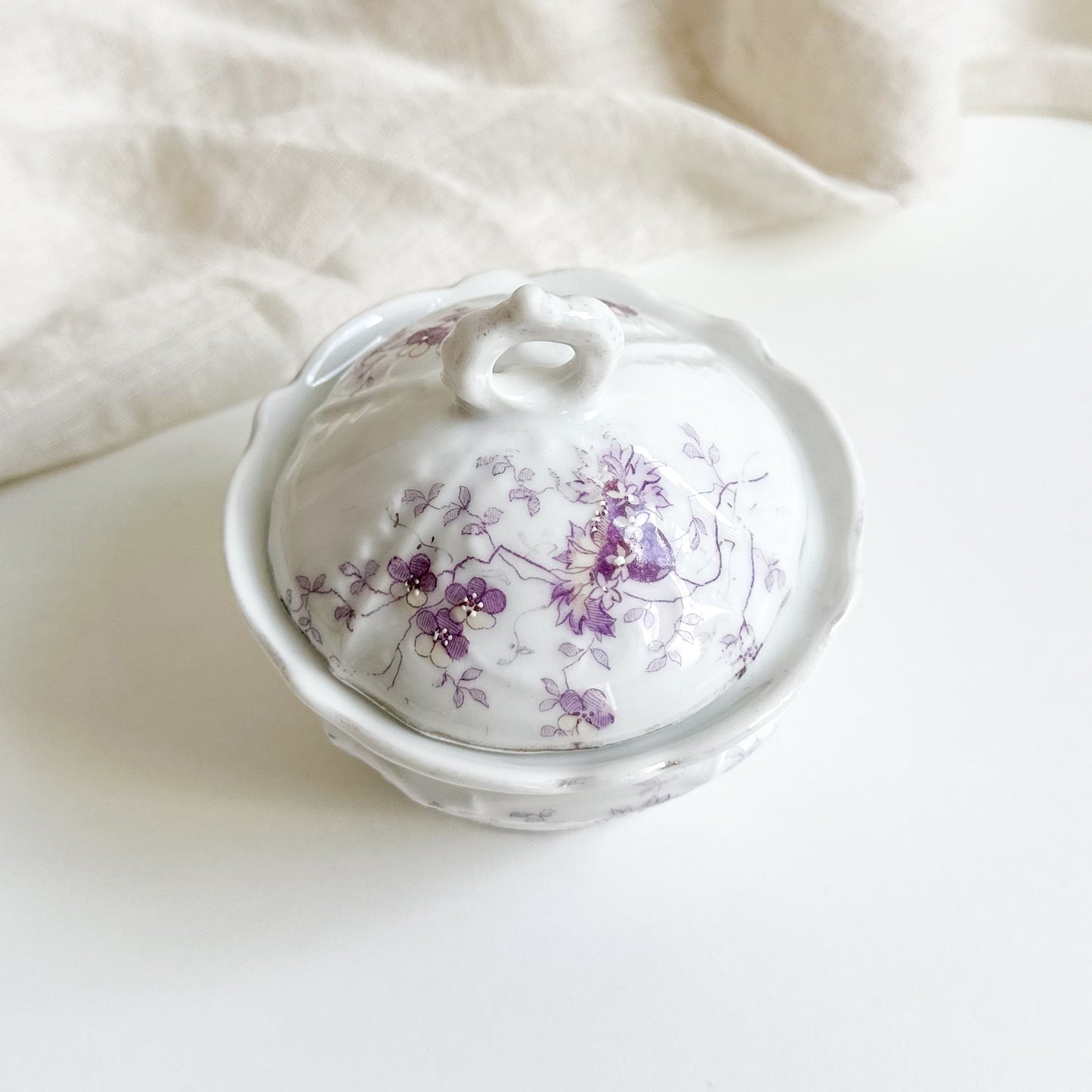 Antique Lidded Bowl with Purple Flowers