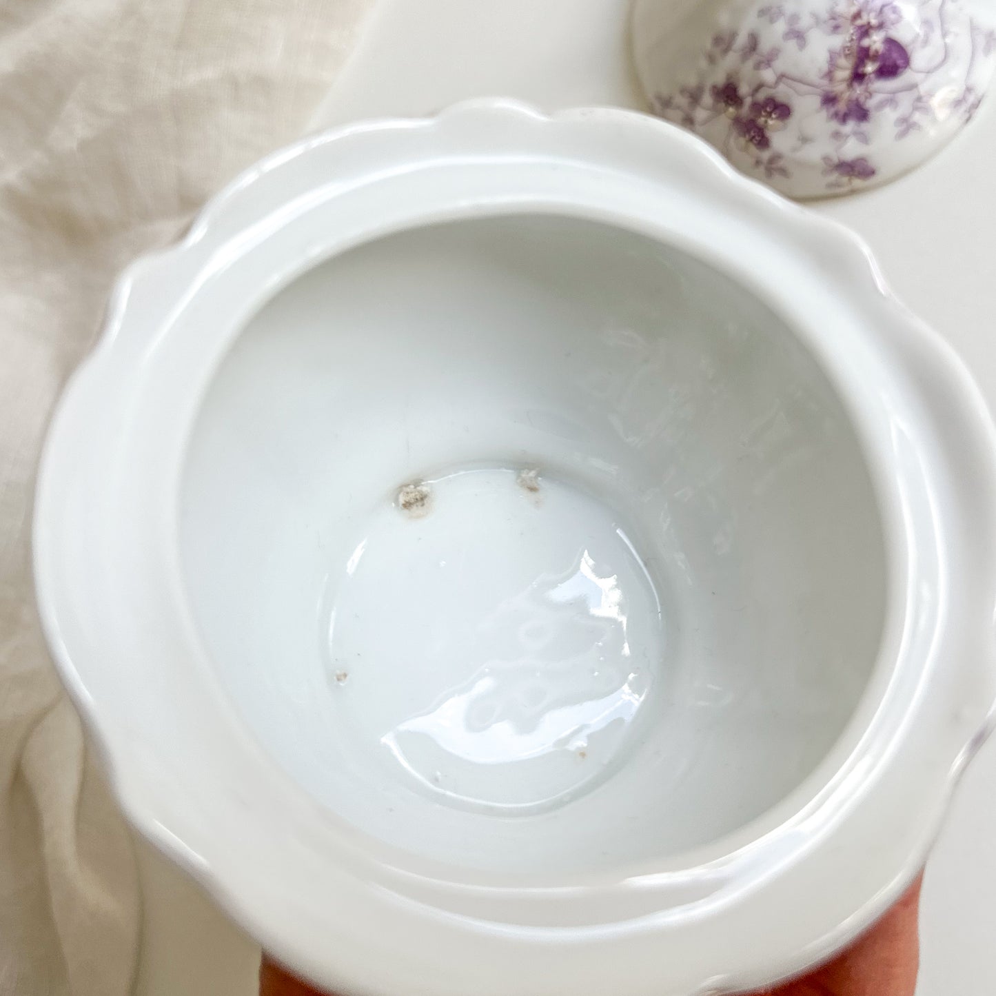 Antique Lidded Bowl with Purple Flowers