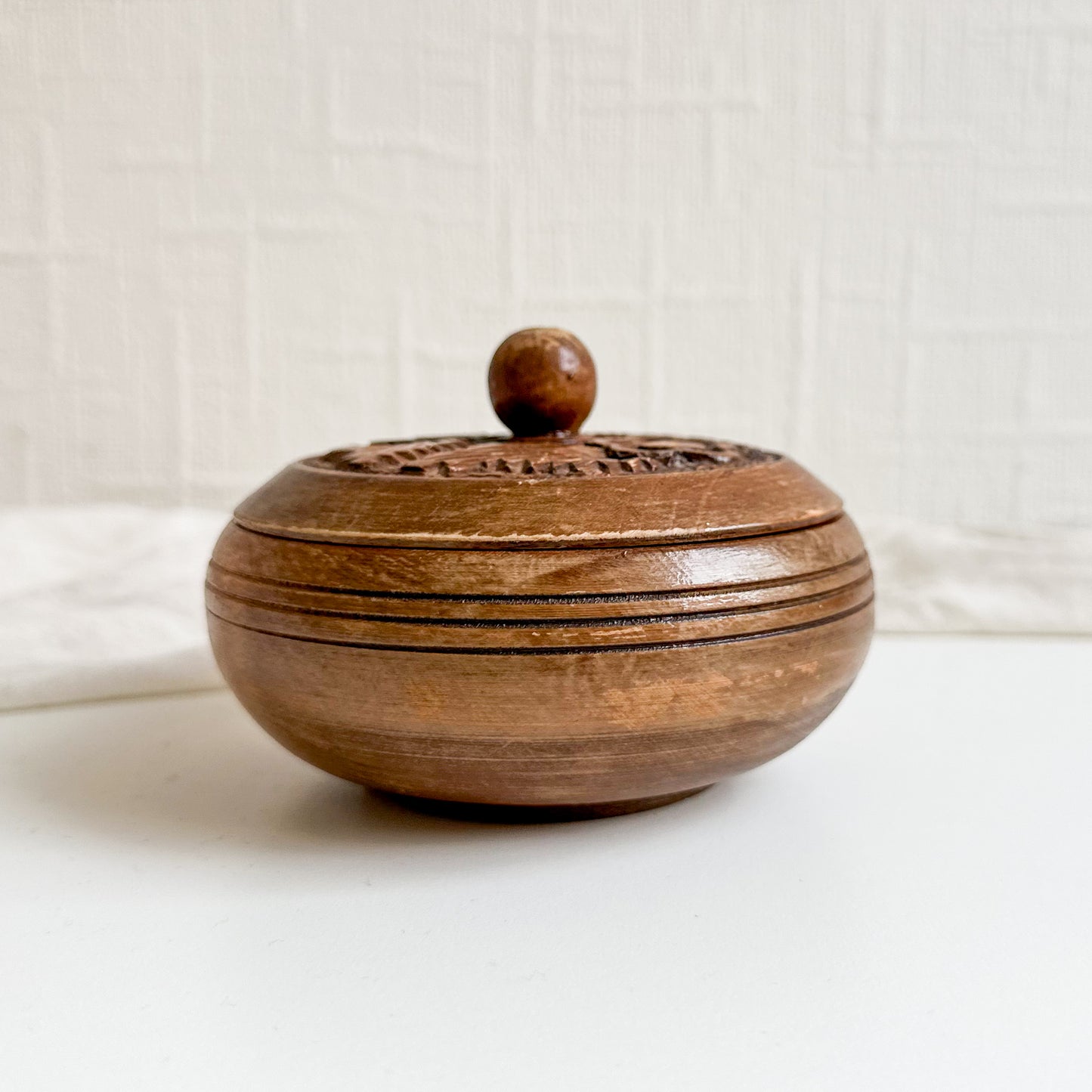 Round Wooden Box with Floral Design