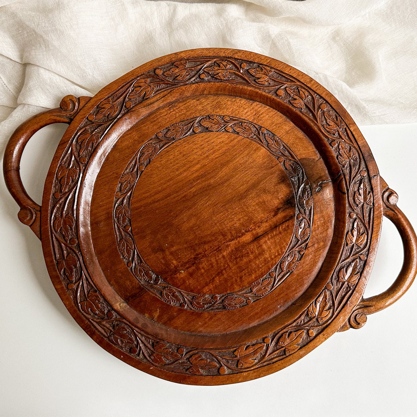 Vintage Hand Carved Wooden Tray with Handles