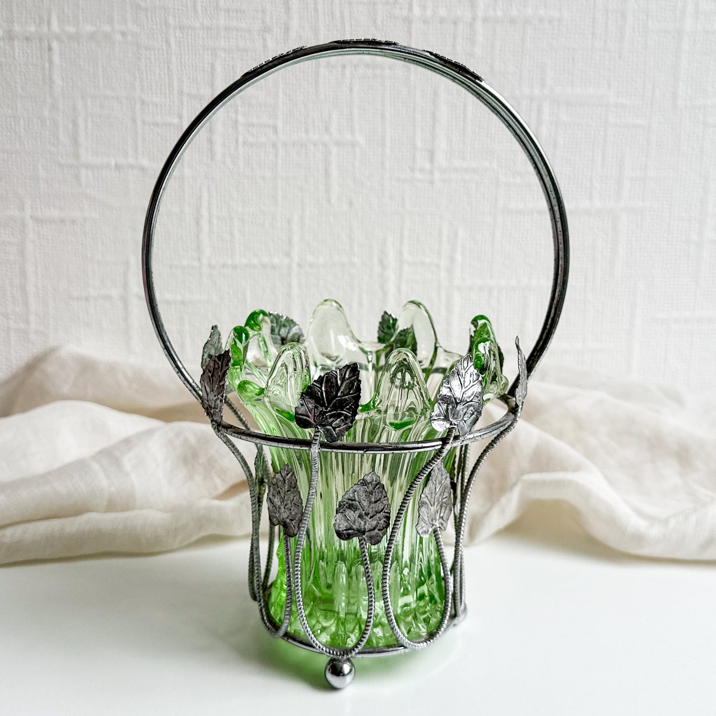 Art Deco Glass Vase in Metal Leaf Basket