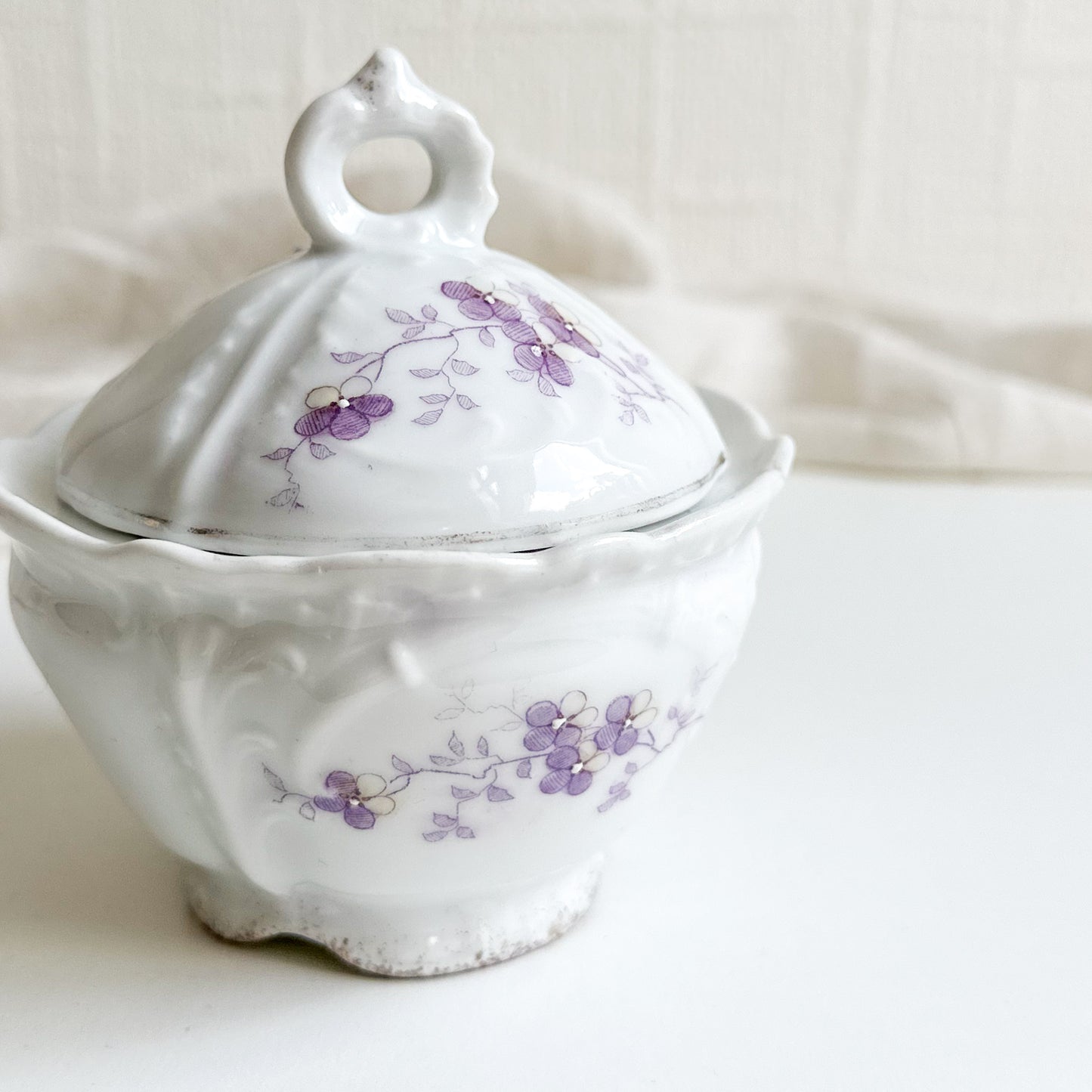 Antique Lidded Bowl with Purple Flowers