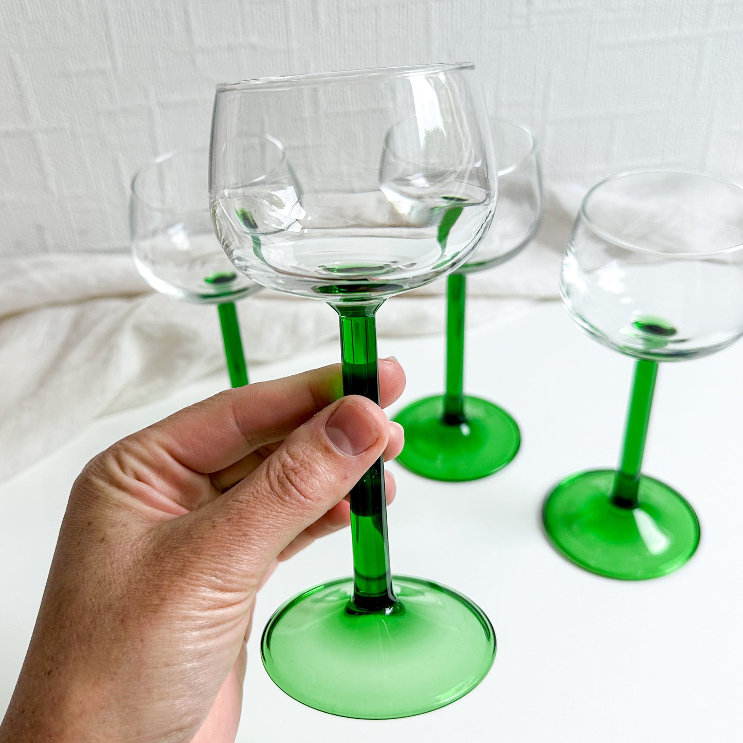 Set of 4 French Wine Glasses with Green Stem