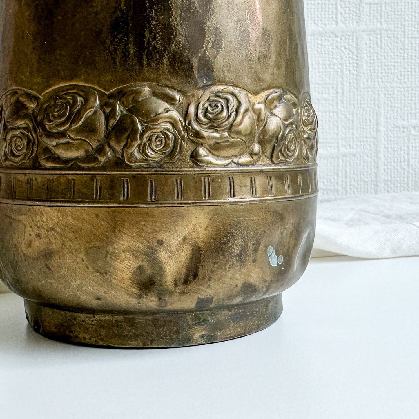 Antique Hammered Brass Vase with Floral Design