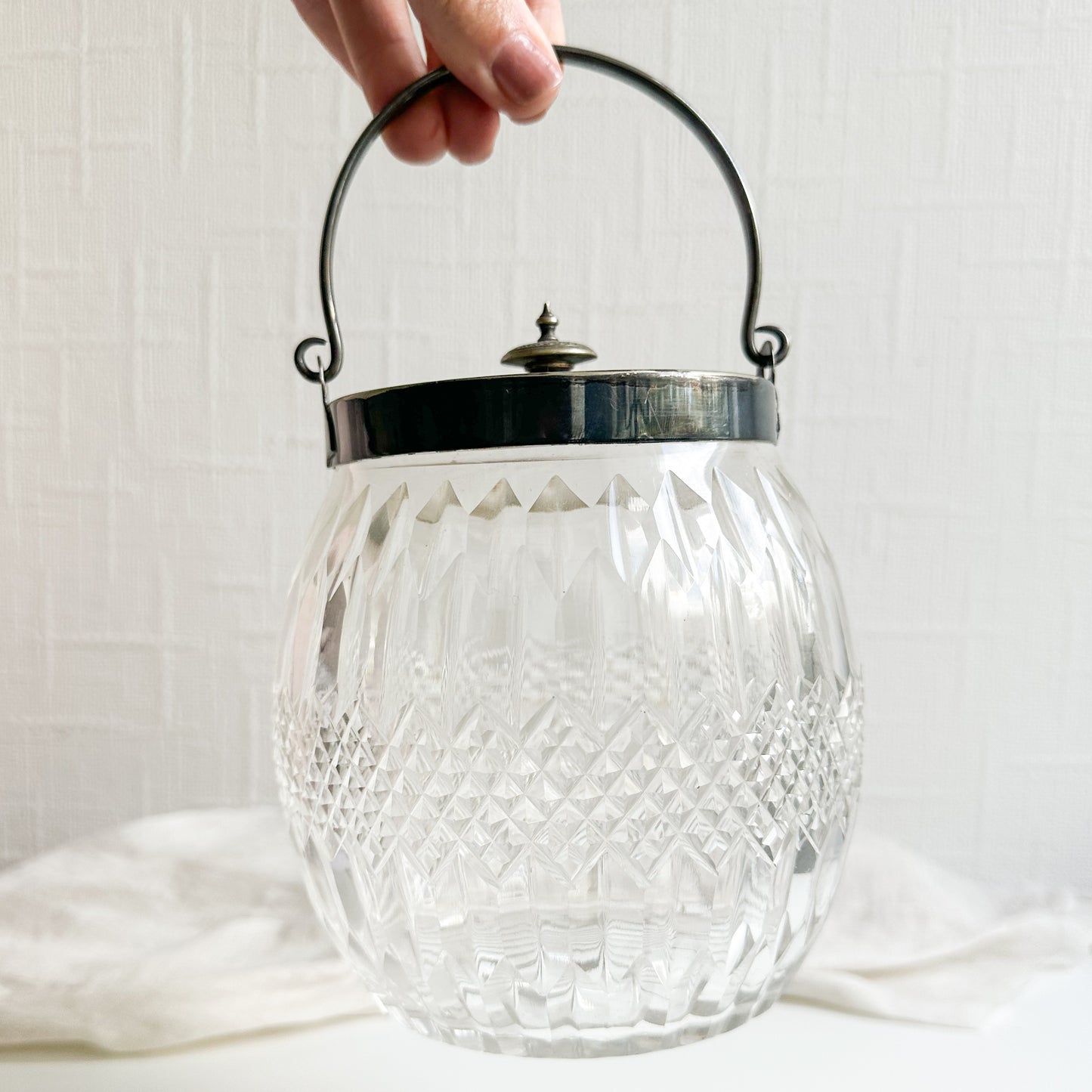 Cut Glass Biscuit Barrel with Silver Plated Top