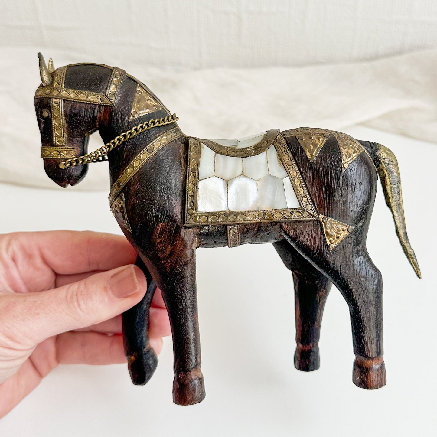 Wooden Horse with Mother of Pearl and Brass