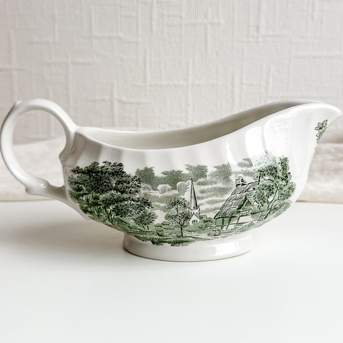 Green Transferware Gravy Boat