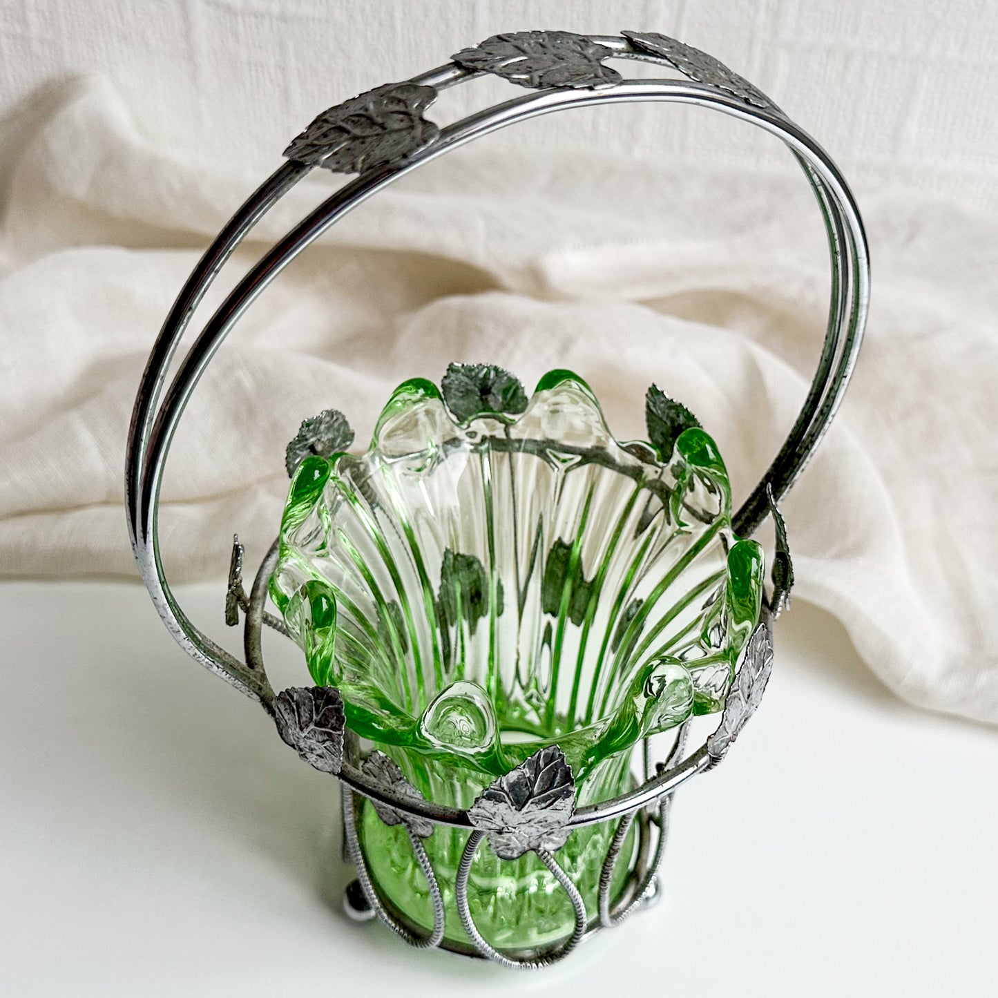 Art Deco Glass Vase in Metal Leaf Basket