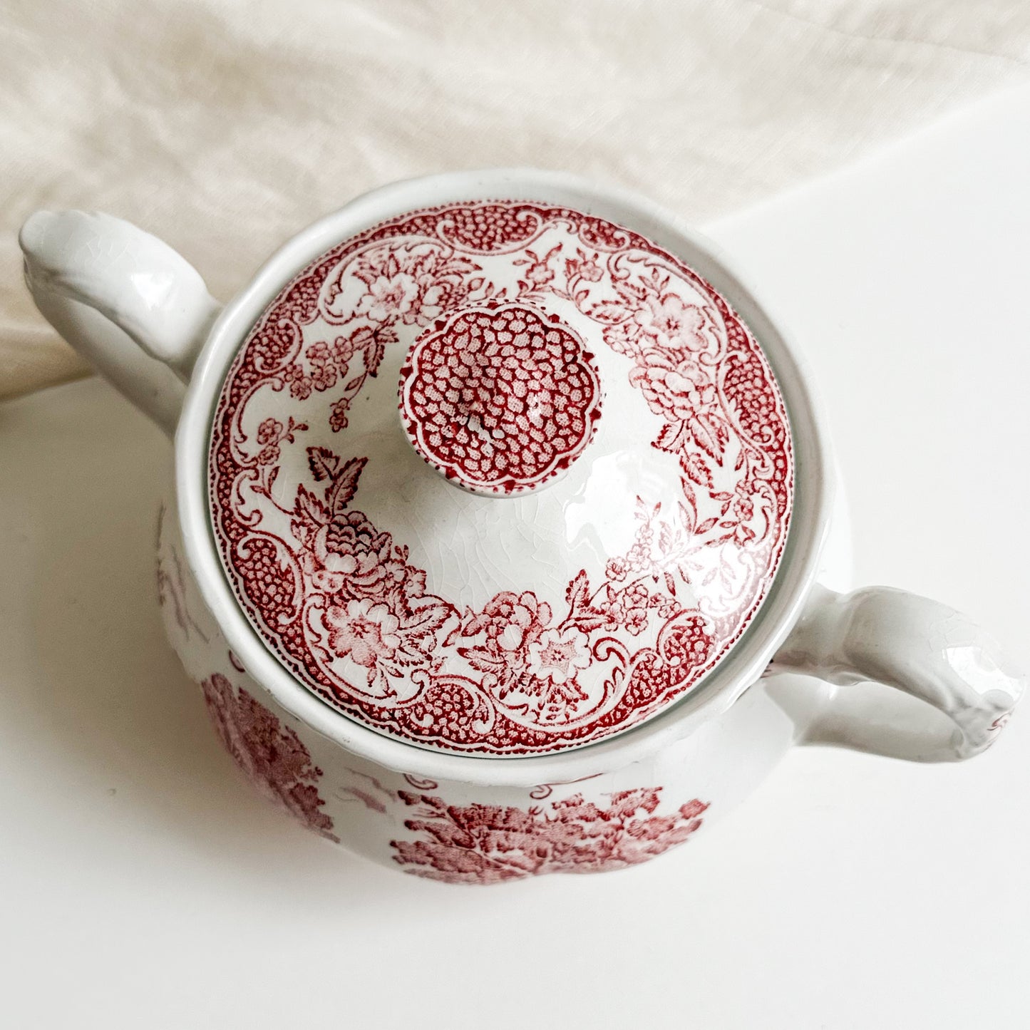 Red Transferware Sugar Bowl