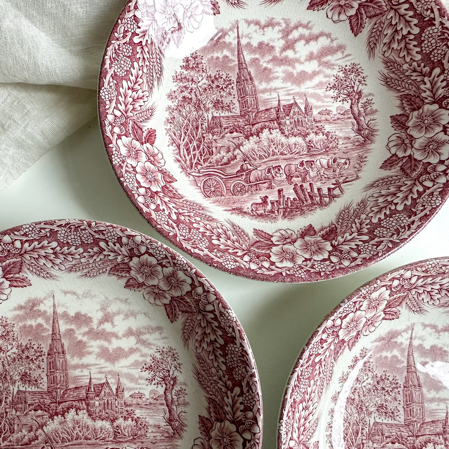 Set of 3 Vintage Red Transferware Shallow Bowls