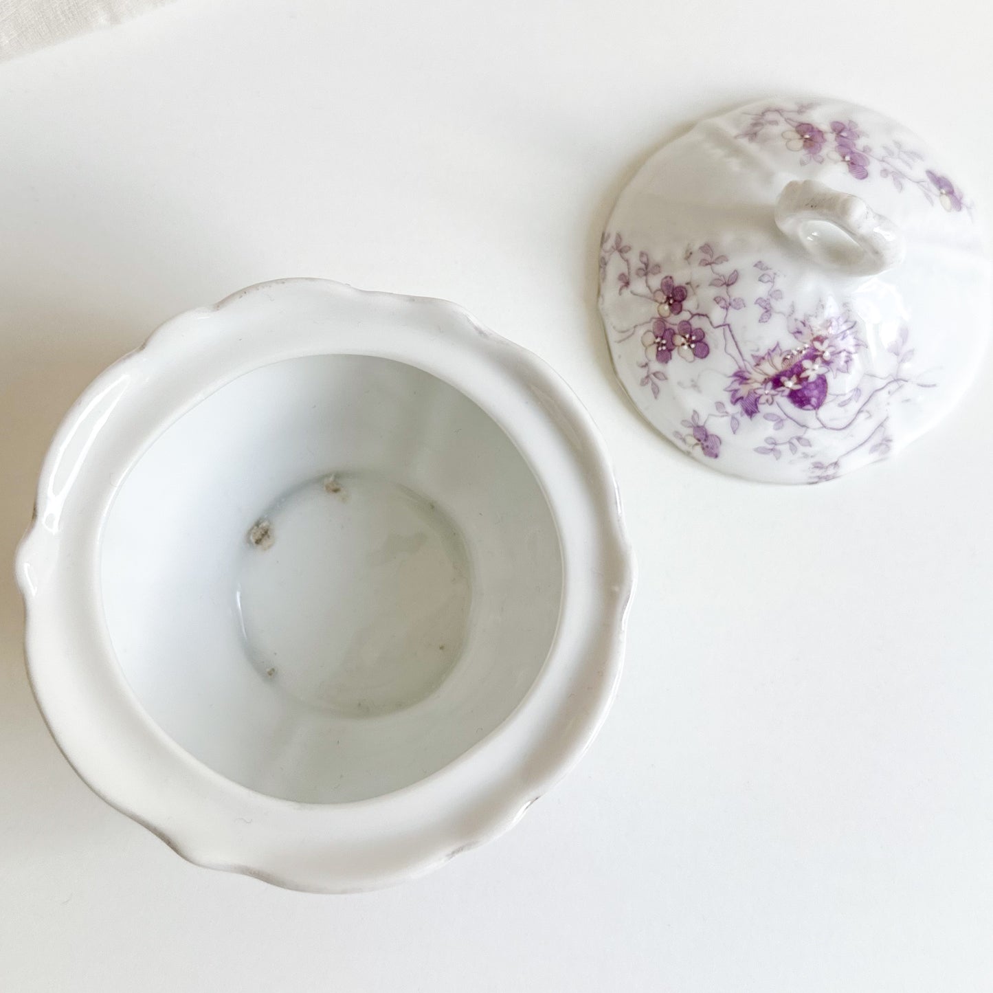 Antique Lidded Bowl with Purple Flowers