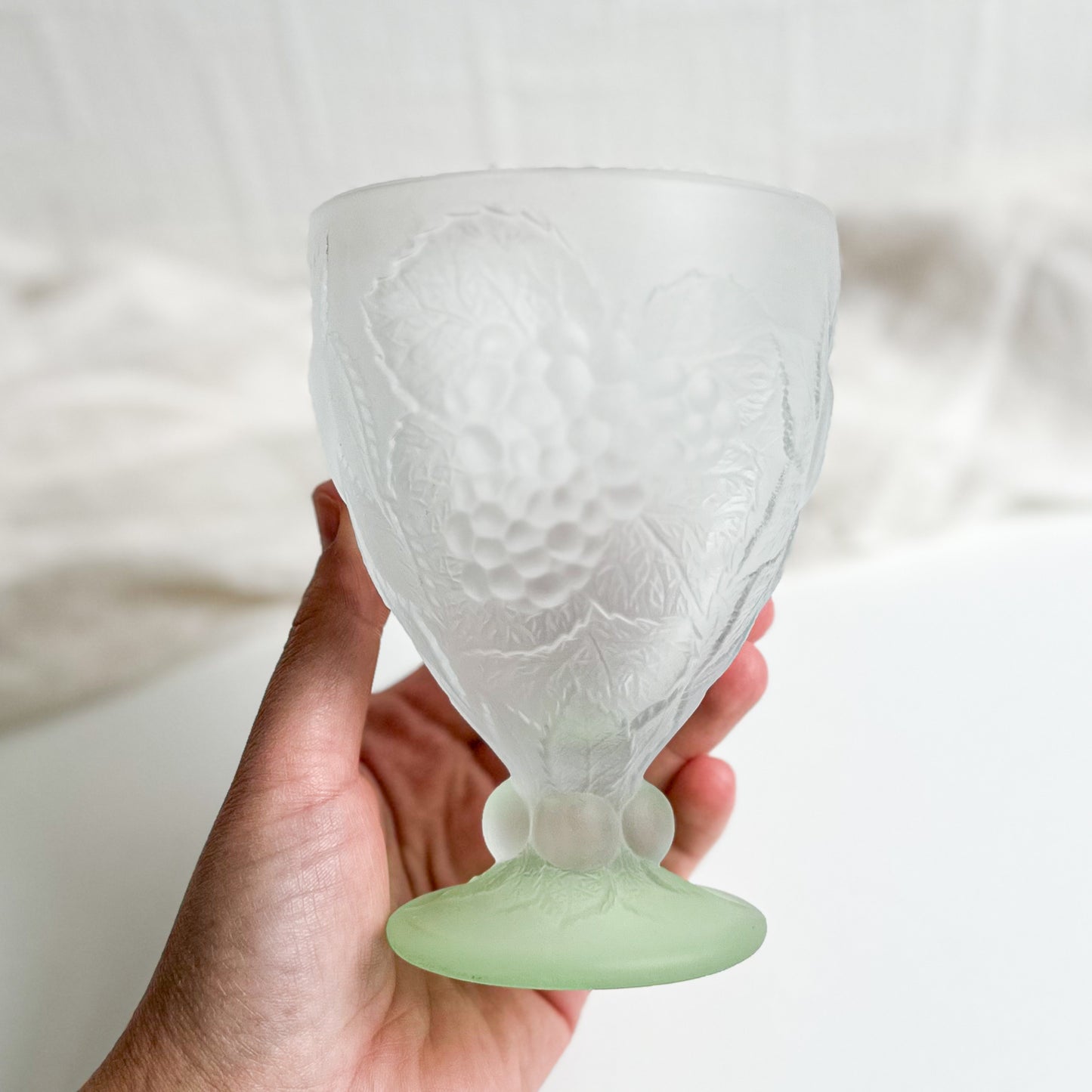 Frosted Pressed Glass Goblet with Green Foot, made by Pasabahce