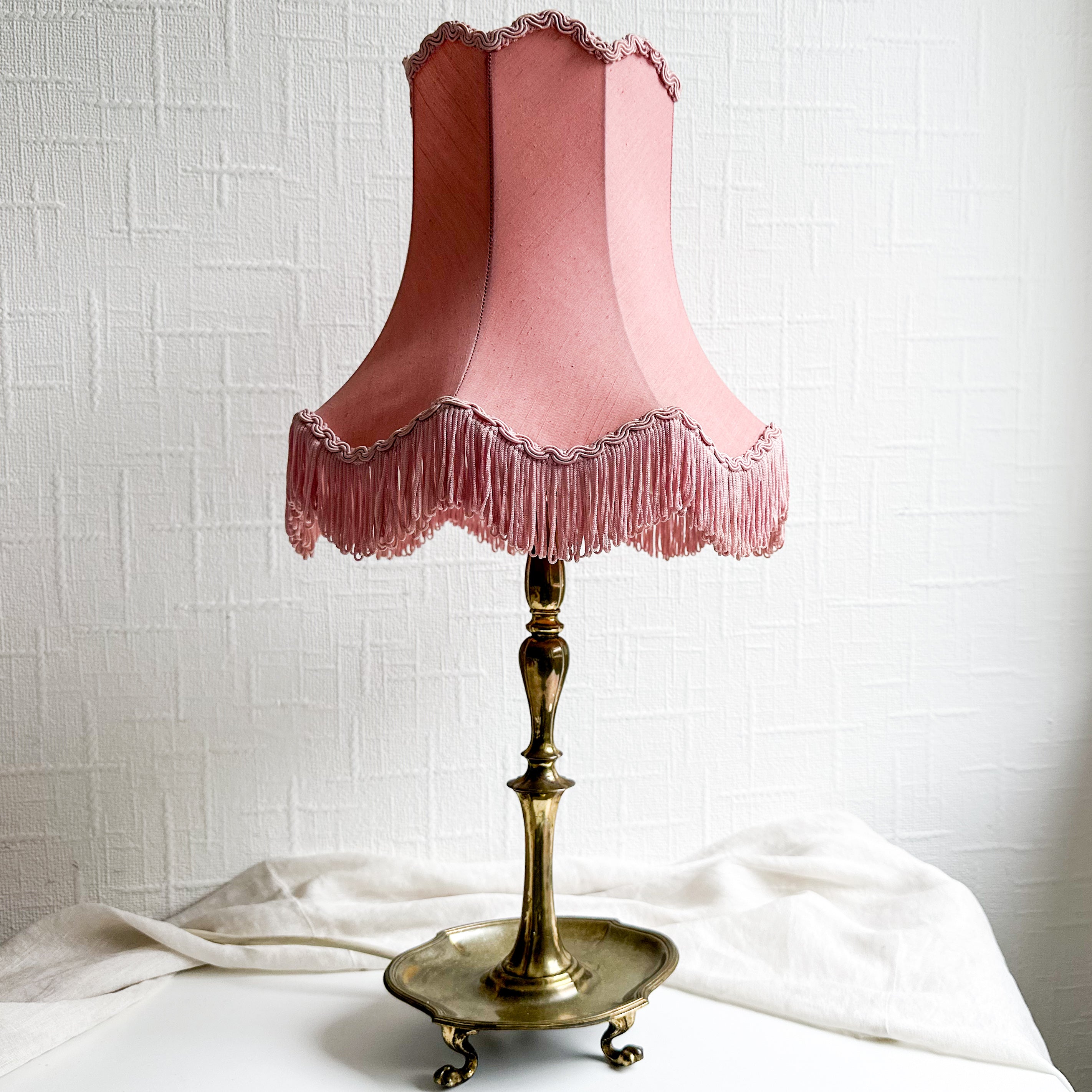 Retailer Antique French Table Lamp, Antique Brass Table Lamp With Beige and Pink Shade, Vintage Table Lamp With Brass Fish Body