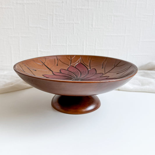 Pedestal Wooden Bowl with Floral Design