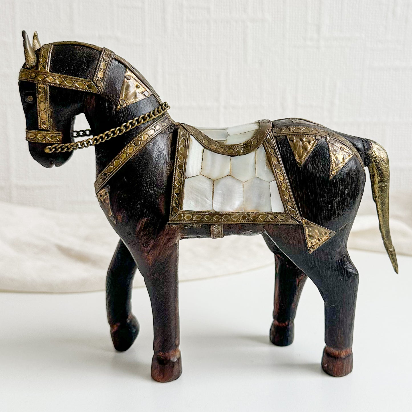 Wooden Horse with Mother of Pearl and Brass