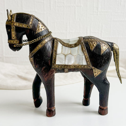 Wooden Horse with Mother of Pearl and Brass