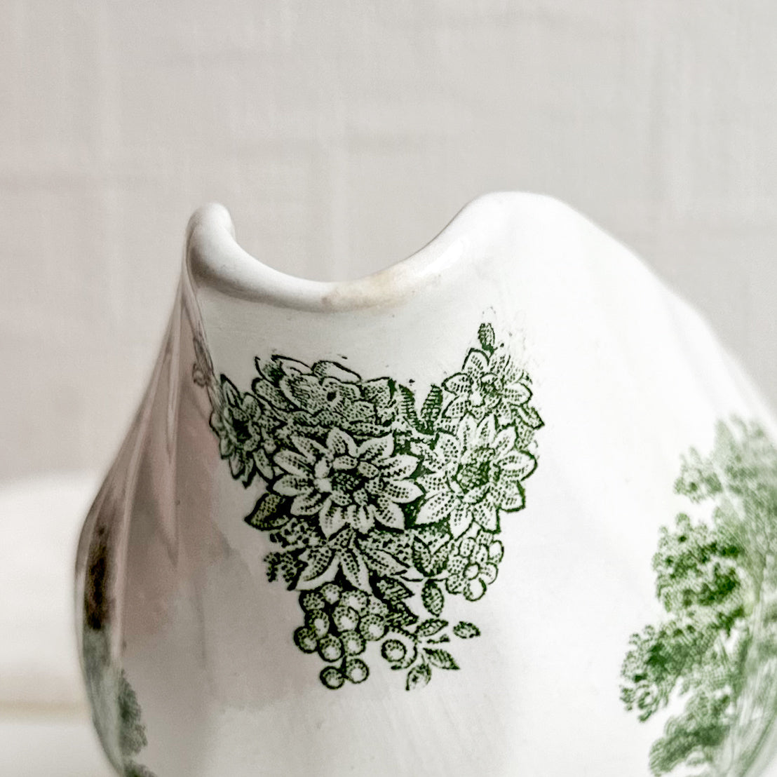 Green Transferware Gravy Boat