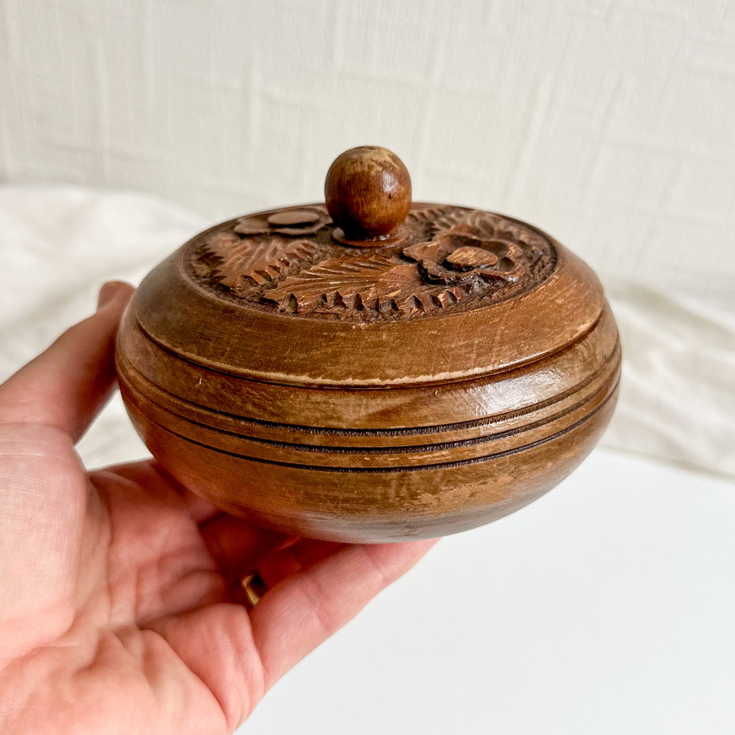 Round Wooden Box with Floral Design