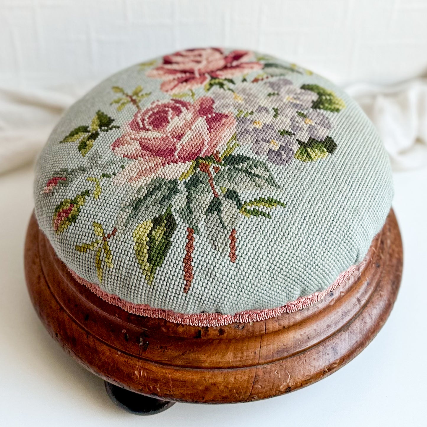 Victorian Upholstered Footstool with Roses