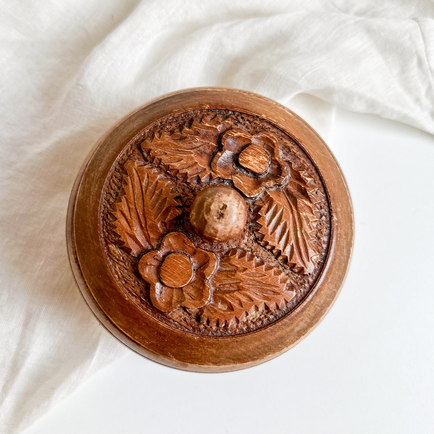 Round Wooden Box with Floral Design