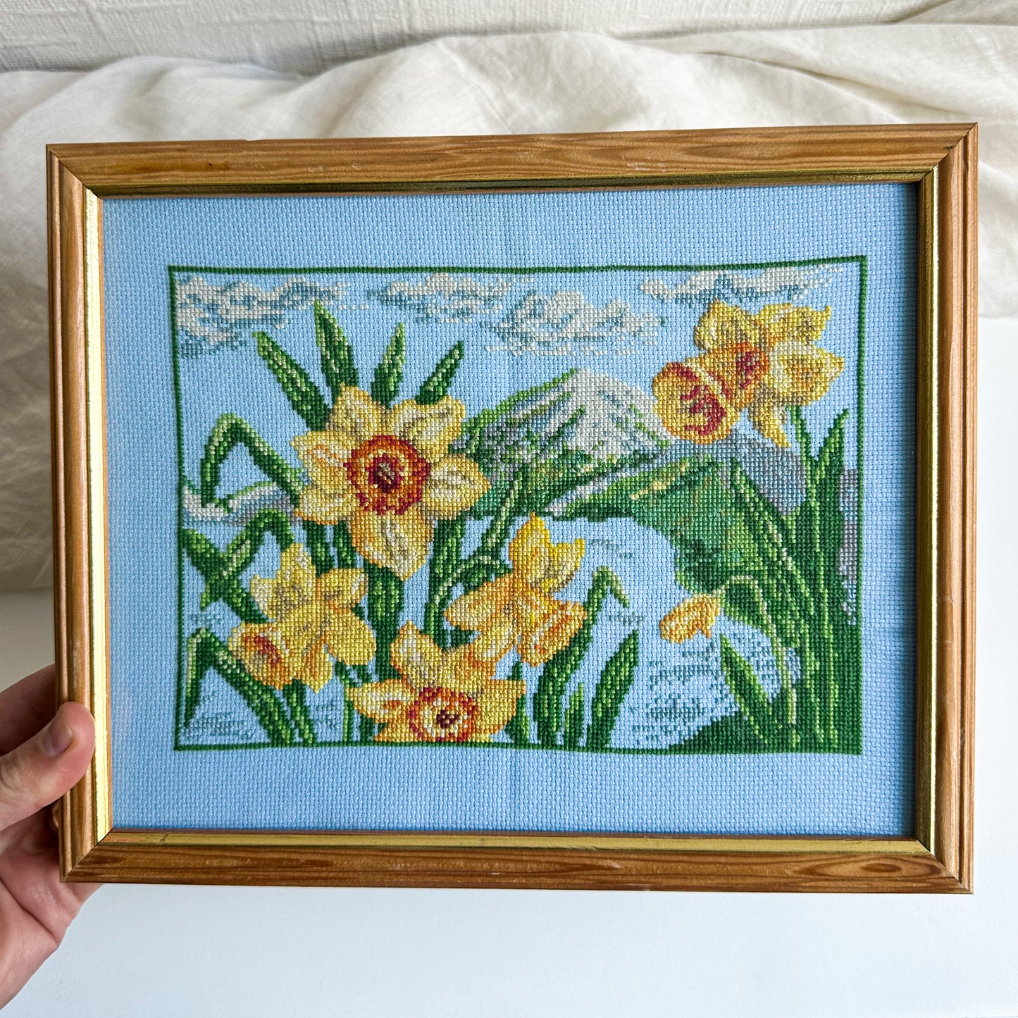 Framed Cross Stitch Picture with Daffodils