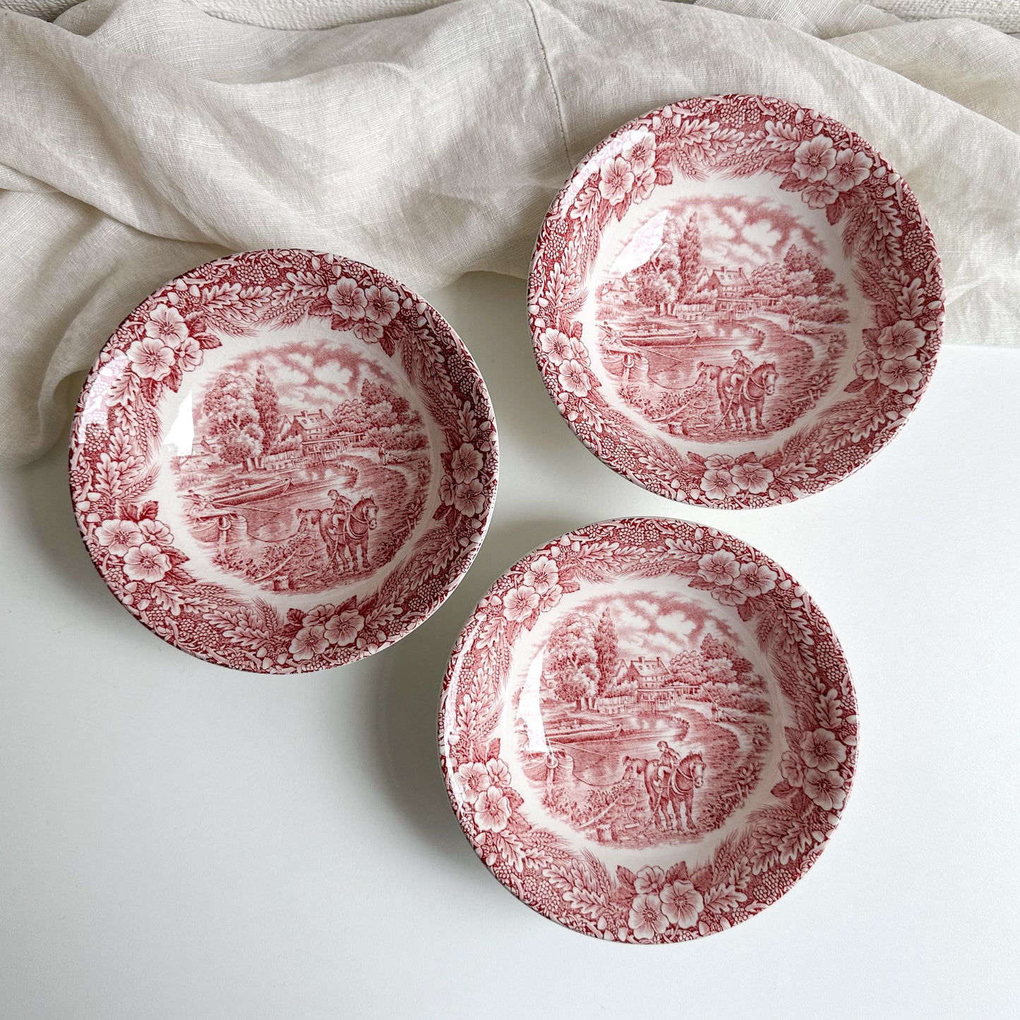 Set of 3 Vintage Red Transferware Small Bowls