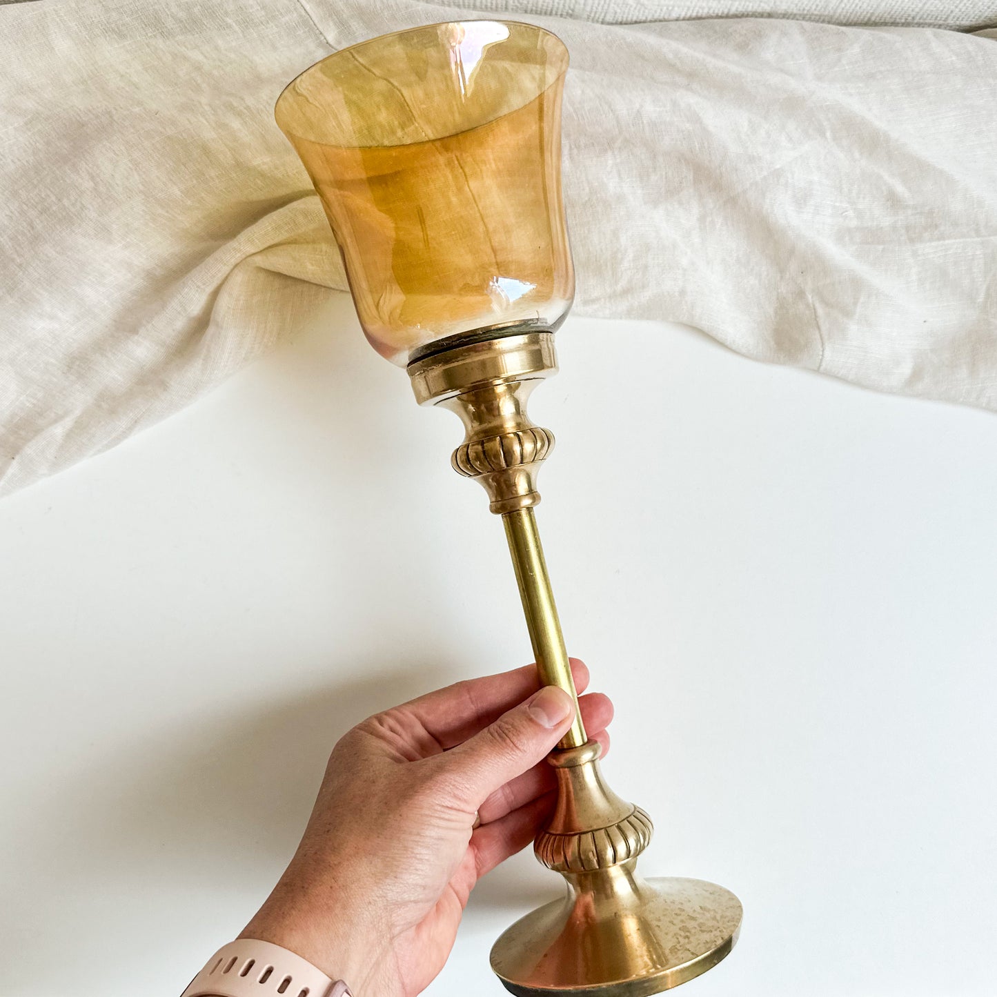 Tall Amber Glass and Brass Candle Holder