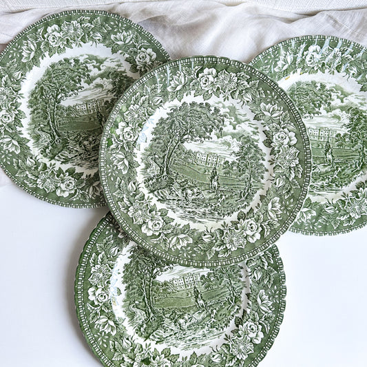 4 Green Transferware Plates