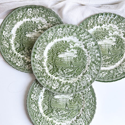 4 Green Transferware Plates
